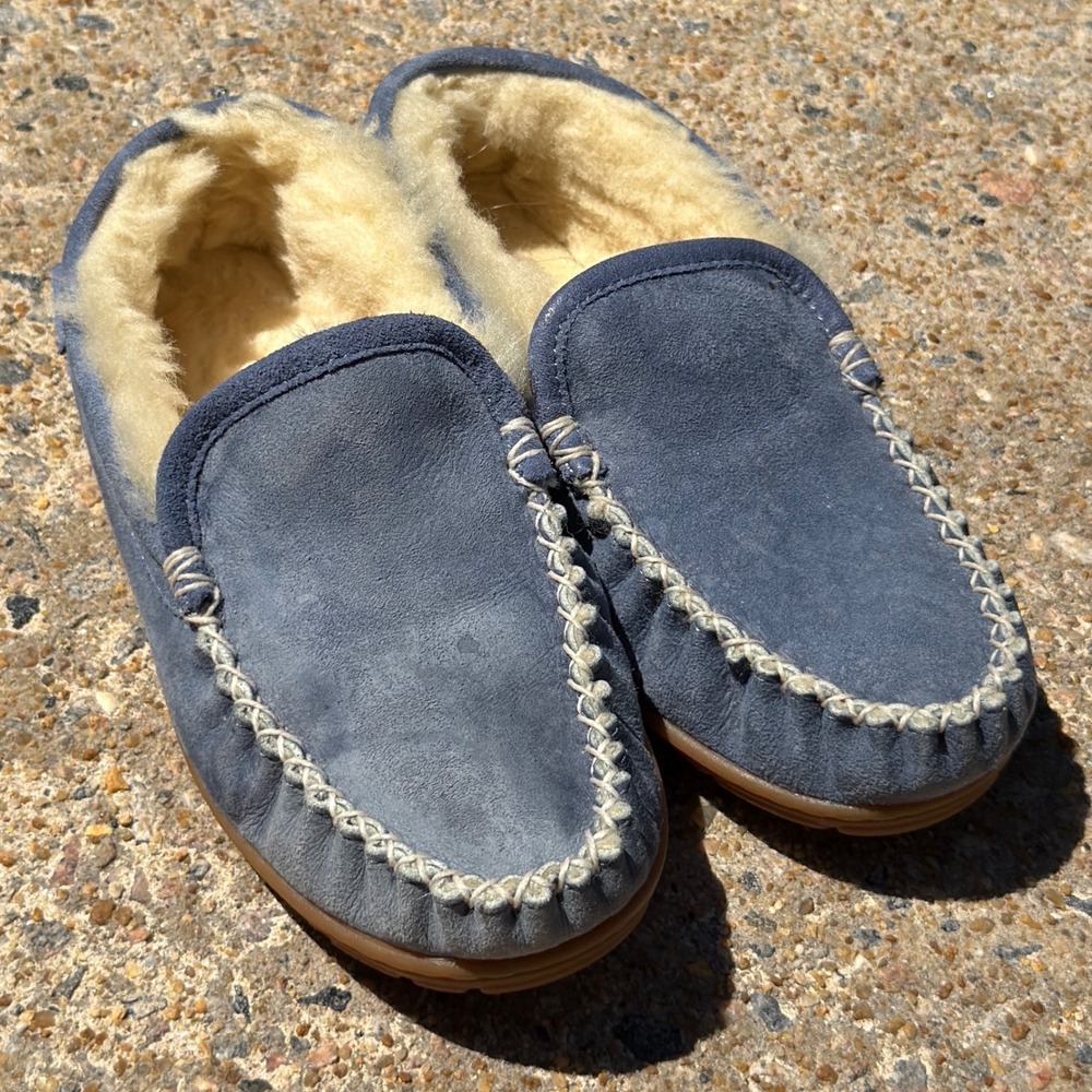 LL Bean Wicked Good Venetian Slippers Blue Suede Shearling Lined Moccasins 7